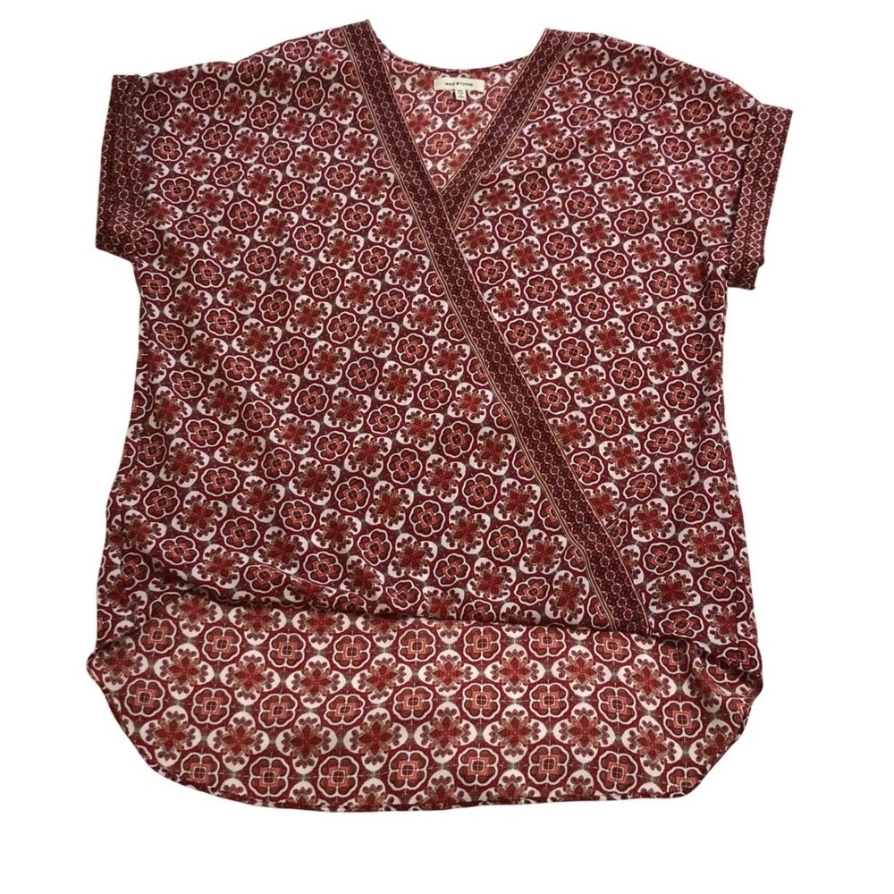 Max Studio Womens Red Medallion Print Faux Wrap V-Neck Blouse Top Size M 8705D39
